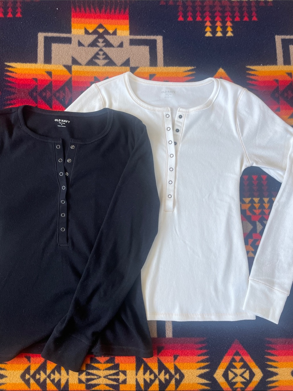 Lot of 2 Black & White Henley Long Sleeve Tops